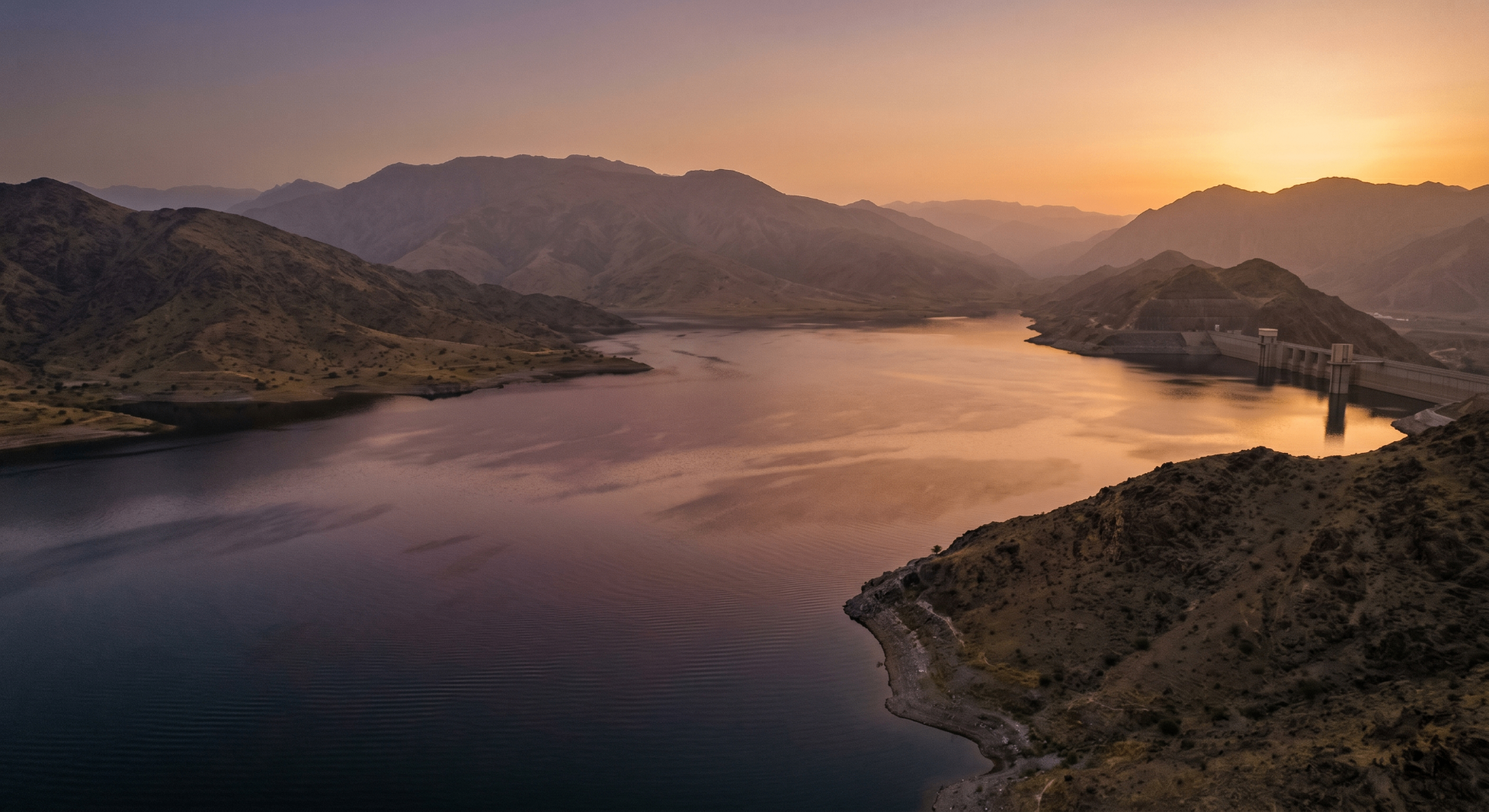 Aerial view of a Saudi reservoir at dusk